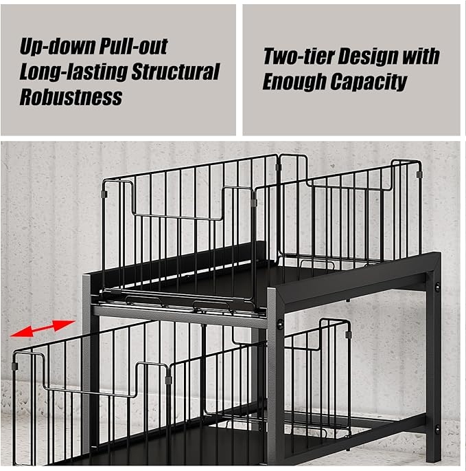 INGIORDAR 1 Pack Under Sink Organizer 2 Tier Multi Purpose Pull Out Cabinet Storage Organizers for Bathroom and Kitchen Under Sink Shelf Rust-resistant Coating Height Adjustable Black