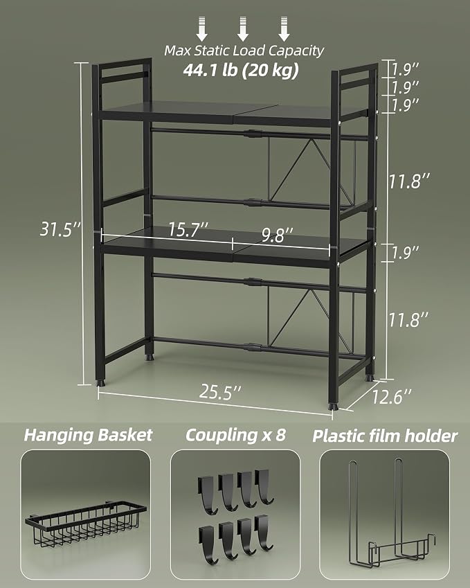 NETEL Expandable Microwave Stand,3 Tier Metal Kitchen Countertop Organizer Shelves with Paper Towel Holder and Baskets,Bakers Rack,Microwave Shelf,Microwave Oven Rack,110lbs Weight Capacity