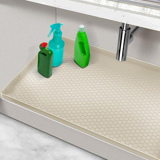 Under Kitchen Sink Mats and Protectors Waterproof, Silicone Under Sink Mat for 34" x 22" Cabinets, Under Sink Tray Organizer, Shelf Liner Cabinet Liner for Kitchen and Bathroom, Beige