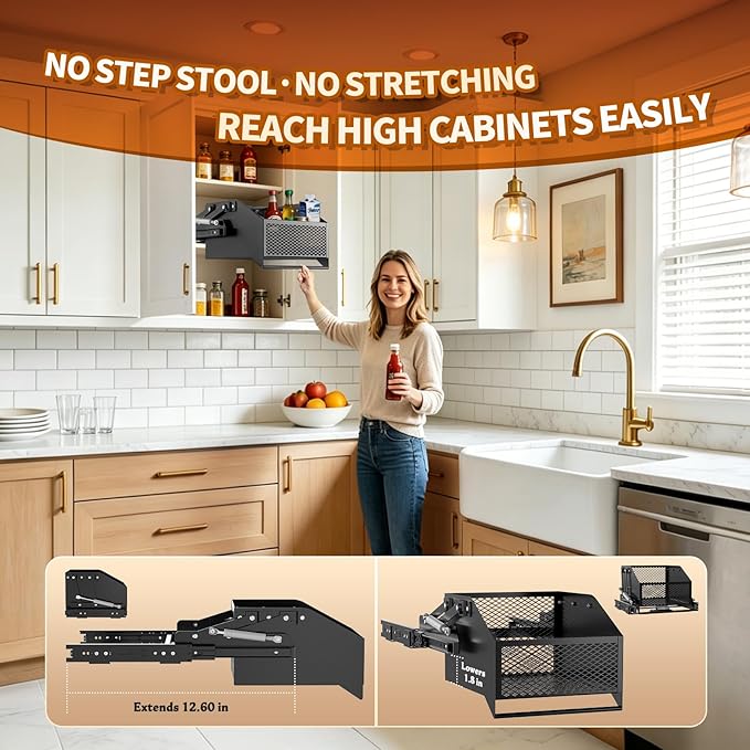 HOUSE AGAIN Pull-Down Cabinet Organizer for High/Deep Cabinets, Drop Down Spice Rack, 12.6" Out & 1.8" Down, Dual Install (Screw/3M Tape), Fits Frameless, for Spices, Snacks and Small Bottles (Black)