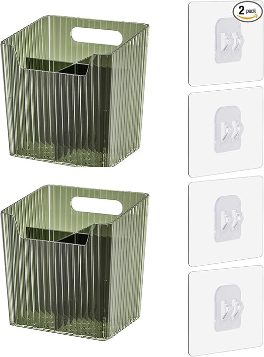 Set Of 2 Storage Organizer Bins Wall Mounted Shower Caddy, Bathroom shelves Stackable Clear Plastic Toothbrush Holder Adhesive Hanging Bin for Bathroom, Kitchen, Cabinet, Shower BPA Free Small (Green)