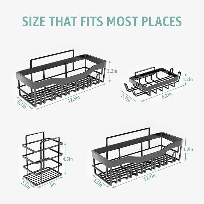 Adhesive Shower Caddy 5 Pack – Rustproof Stainless Steel No-Drill Bathroom Organizer Shelves with Large Capacity, Waterproof Storage Racks for Shower, Kitchen, Dorm, Apartment, and Home