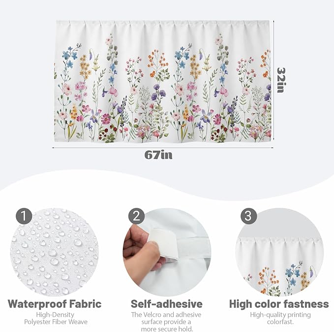 Wildflowers Sink Skirt for Bathroom, Self Stick Adhesive Waterproof Fabric, Under Sink Curtain Skirt, Pedestal Sink Accessories Decor