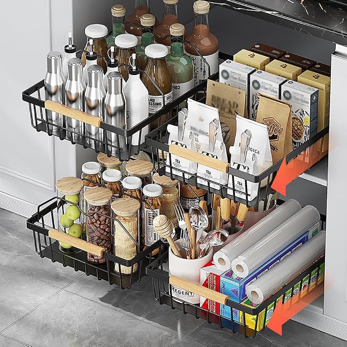 Takywep Pull Out Cabinet Organizer No Drill Adhesive Sliding Mesh Basket with Smooth Glide Under Sink Drawer for Kitchen Pantry Bathroom Storage