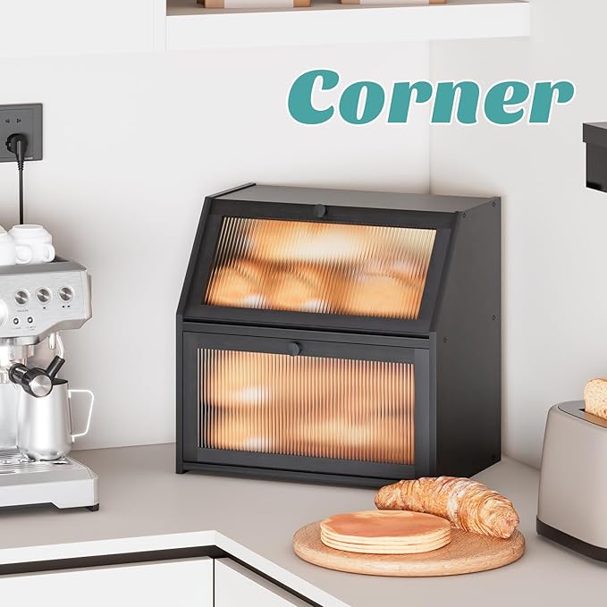 Extra Large Black Bread Box for Kitchen Counter, Large Bamboo Wood Double Layer Bread Box, Wooden Bread Storage Capacity