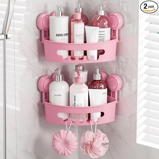 TAILI Suction Corner Shower Caddy, Bathroom Shelf Storage Basket Wall Mounted Organizer for Shampoo, Conditioner, Plastic Rack for Kitchen and Bathroom, Drill-Free Removable (2 Pack)-PINK