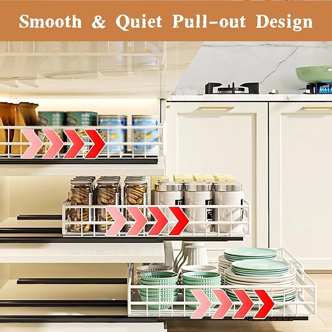 2-Pack Pull Out Cabinet Organizer, Adjustable Expandable 3-Slide Rails Drawers, No Drill Adhesive Cupboard Storage Shelf for Kitchen, Pantry, Living Room, Bathr(Color:White 2 Pack (1 Large + 1 Small))
