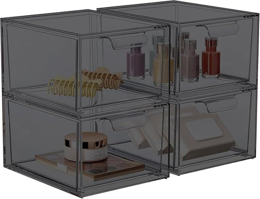 SpaceHacks 4 Pack Stackable Makeup Organizer and Storage, Acrylic Organizers，Clear Plastic Storage Drawer with Pull-Out Handles for Vanity, Undersink, Kitchen Cabinets, Pantry, Black