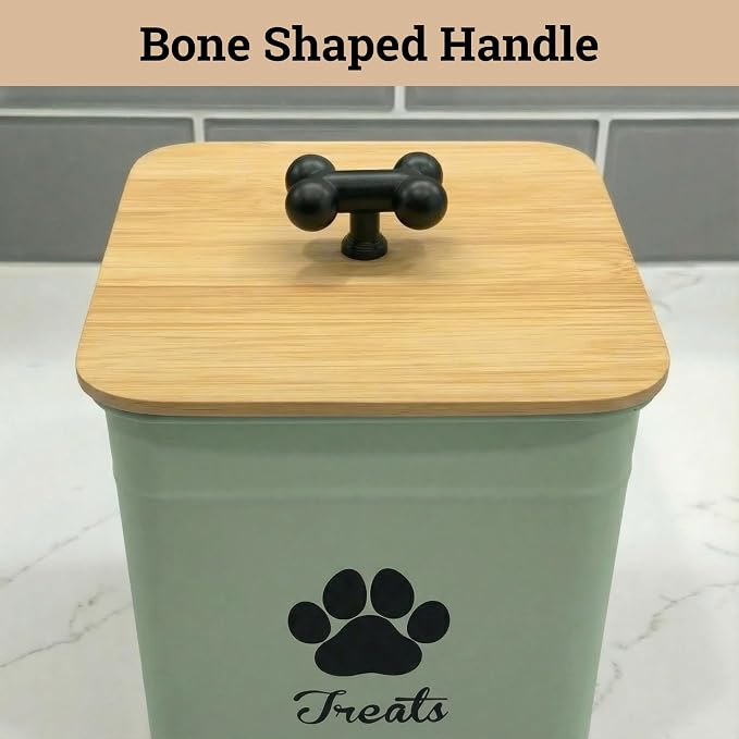Dog Treat Container Airtight - 6 Inch Wide x 8 Inch Tall Iron Dog Treat Jar for Kitchen Counter with Airtight Bamboo Lid - 12 Cup Capacity Pet Treat Container - Doggie Cookie Jar - Big Treats Canister