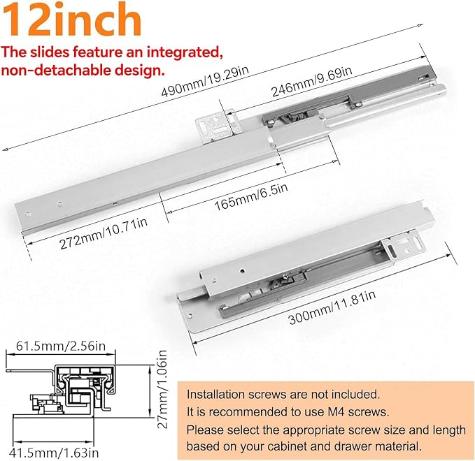 Undermount Shelf Drawer Slide Soft Close Bottom Support Under Mount Pull Out Drawer Track Full Extension Slide Out Drawer Glide Shelf Bracket for Kitchen Cabinet Trash Can Without Side Panel
