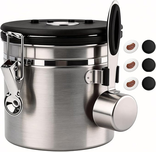 ShanSon Coffee Canister Airtight, Stainless Steel Bean Storage Container with Date Tracker & Scoop, Grounds Sugar Flour Tea Cereal Fits Kitchen Pantry, Ideal Gift for Coffee Lovers,12oz,Silver