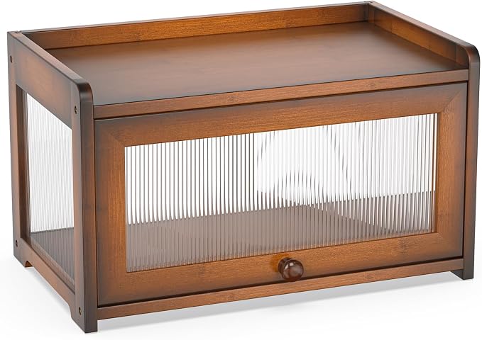 BAMBANG Bamboo Bread Box for Kitchen Countertop, Extra Large Farmhouse Bread Box with 4-Side Clear Panels, Wooden Bread Storage Container for Homemade Bread, Amber