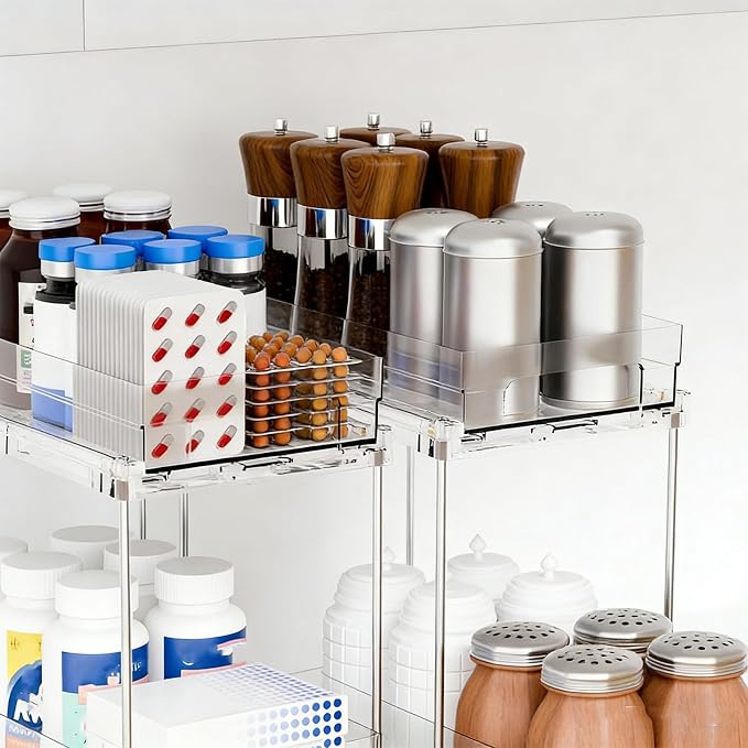 FILFEEL 2 Tier Vertical Pull Out Cabinet – Clear PET Slide Out Seasoning Rack for Kitchen Cabinets, Bathroom Vanity & Under Counter Storage – No Drill Installation, Full Extension Tracks