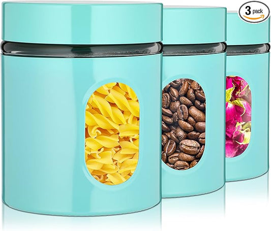 Mimorou 3 Pcs Stainless Steel Canister Set with Glass Windows Visible Storage Jars Silver Kitchen Canister Set for Pasta Flour Oat Sugar Container, Kitchen Tools, Housewarming Gifts(Turquoise,20 oz)