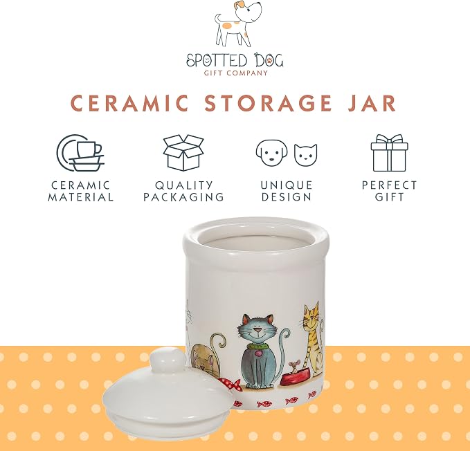 SPOTTED DOG GIFT COMPANY Ceramic Jar with Lid for Countertop, Cute Cat Treat Container, Decorative Kitchen Storage Jar for Tea Coffee Sugar, Gifts for People Who Love Cats 35oz