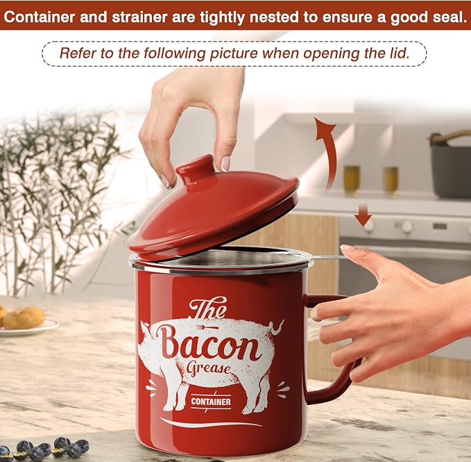 Bacon Grease Container With Strainer, 46OZ Large Enamel Grease Container, With Silicone Spatula, Farmhouse Bacon Grease Keeper, Cooking Oil Container For Kitchen Fat Storage, Dishwasher Safe-Red