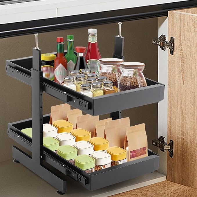 Pull Out Cabinet Organizer, Expandable Slide Out Shelves for Kitchen Cabinet (W 16"-24", H 18.5"-35.4"), No Drill 2-Tier Rolling Drawers, Slide Out Storage Rack for Pantry, Under Sink (Black)