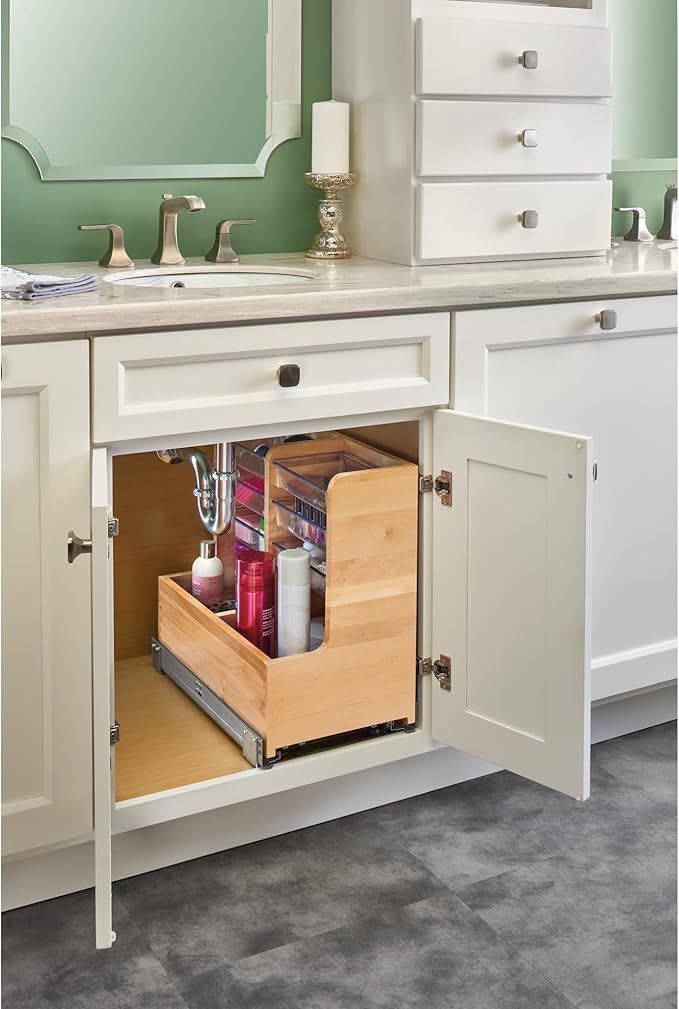 Rev-A-Shelf 24" Wood Vanity Sink Pull Out Organizer Cabinet Storage w/Soft-Close for Kitchen or Bathroom, Maple Wood, 441-12VSBSC-1