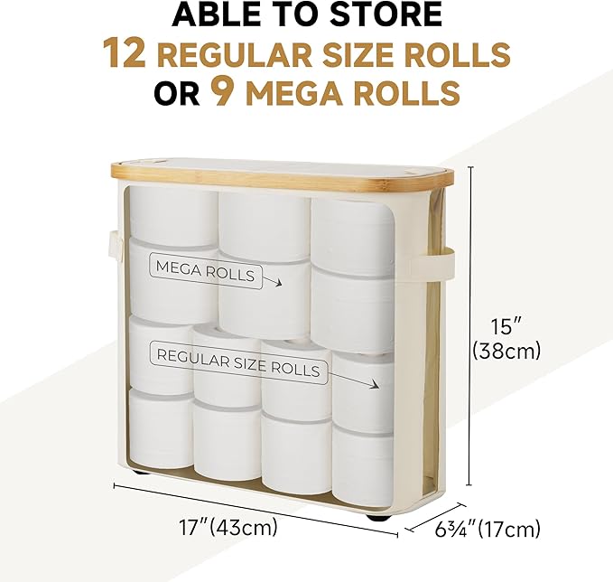 StorageWorks Toilet Paper Storage Basket with Lid, Slim Bathroom Organizer for Narrow Spaces, Toilet Paper Holder with Side Pocket and Clear Window, Holds 9 Mega or 12 Regular Rolls, Medium, Beige