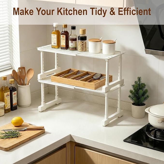 Expandable Cabinet Organizer Shelf, Adjustable Height Under Sink Storage Organizer, Shelf Riser for Kitchen, Bathroom, Wardrobe, Under Sink Counter(Beige) (1)