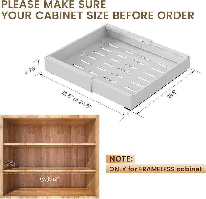 1Pack Expandable Pull Out Drawers for Cabinets 21” Deep, Adjustable Width 12.6" - 20.5" Pull Out Cabinet Organizer, Slide Out Drawers for Kitchen Cabinets, Pull Out Shelves Adhesive with Nano Tape