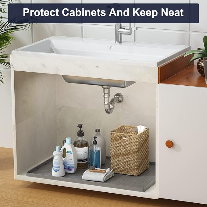 Under Sink Mat - 37" x 22" Waterproof Kitchen Cabinet Mat - Flexible Silicone Under Sink Liner - Kitchen Bathroom Cabinet Mat and Protector for Drips Leaks Spills (Gray)