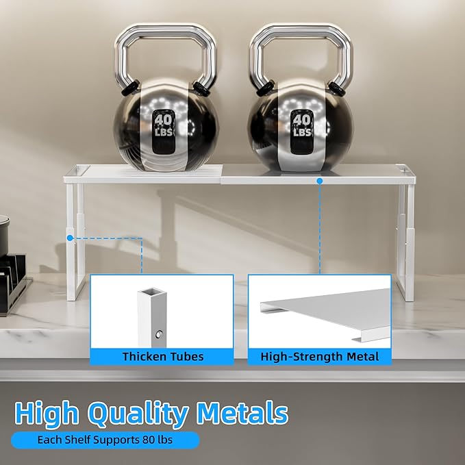 Shelf Organizer Stackable 2 Pack: Expandable (15.8"-25.5") Spice Rack Height Adjustable(6.2"/7.3"/8.5") Kitchen Organizer Countertop Metal Shelves for Pantry Storage White