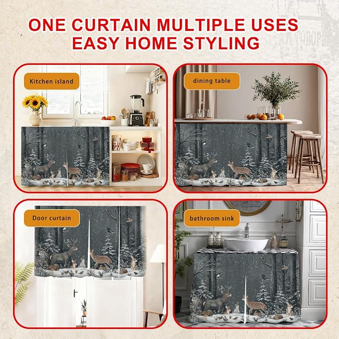 Self Adhesive Forest Animals & Deer Cabinet Curtain for Mother's Day, 39x28 Inch Dark Woodland Under Sink Skirt No Drill, Spring Cleaning Kitchen Decor, Hook and Loop Laundry Valance