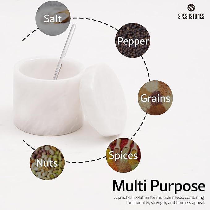 White Marble Salt Cellar 3 Inch Handmade Stone Salt Containers for Countertop, 5.2 oz Sugar Jar with Lid and Spoon, Salt Bowl, Marble Salt Holder to Store Spice, Table & Flaky Salt