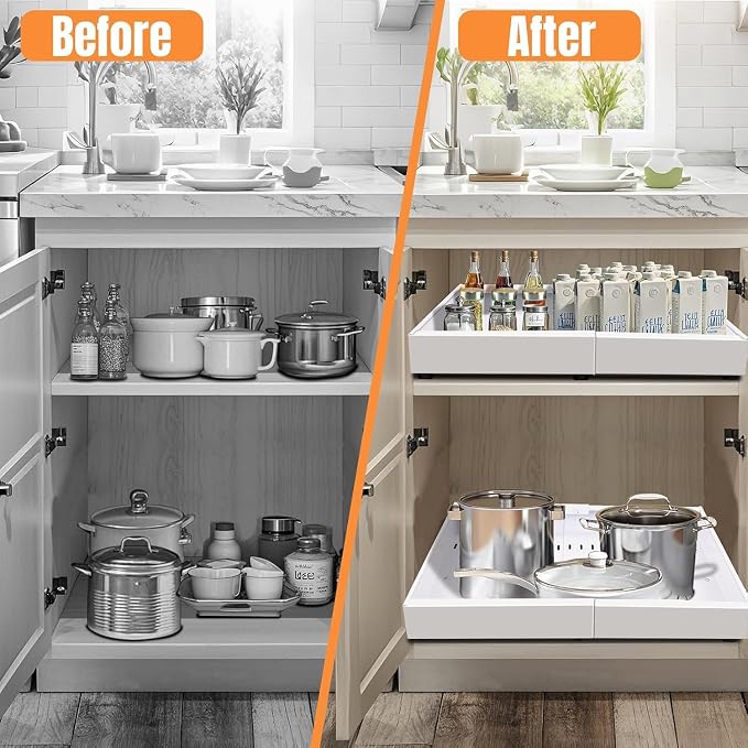 Expandable Metal Pull Out Cabinet Organizer 21"Deep with Raising Pad for Framed Cabinets/Pantry,Upgrade 3 Slide Rails Sliding Drawer for Cabinets with Adhesive Adjustable Width 12.05"-20.4"White 1P