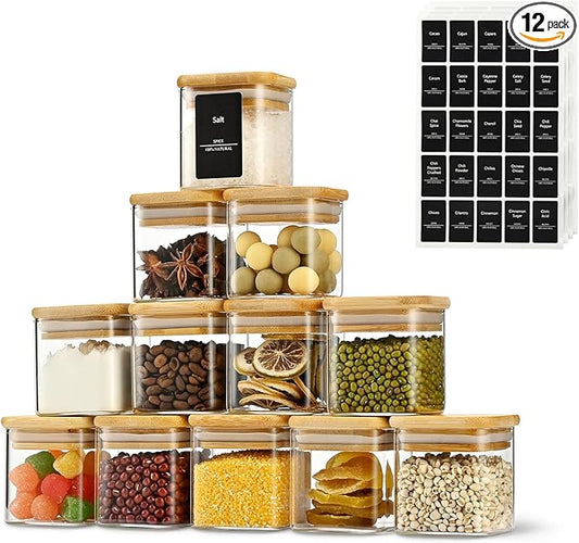D2scrma 4oz Airtight Square Spice Containers with Bamboo Lid Set of 12 (120ml) with Black Lables Storage Stackable Spice Jar, Kitchen Canister for Sugar, Tea, Flour, Salt and Seasonings