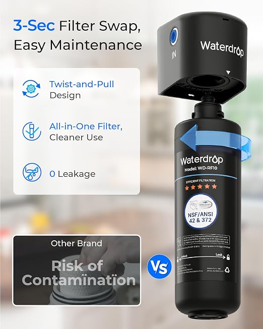 Waterdrop 10UA Under Sink Water Filter System, Reduces PFAS, PFOA/PFOS, Lead, Chlorine, Bad Taste & Odor, Under Counter Water Filter Connects Directly to Your Faucet, NSF/ANSI 42 Certified, 1 Year