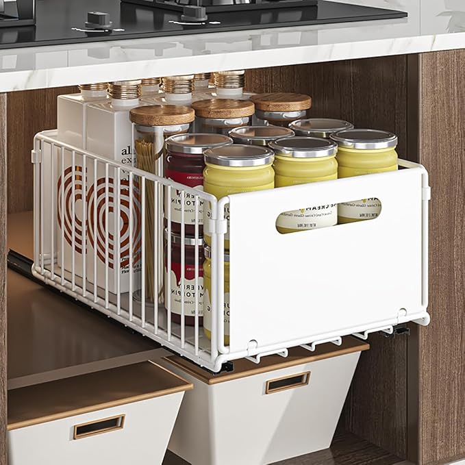 YunNasi Pull Out Cabinet Organizer Slide Out Drawer Storage Shelves Cupboard Organiser Sliding Cabinet Basket for Kitchen No Drilling and Nailing (White, 2Piece 9.8" W X 15" D X 3.9" H)