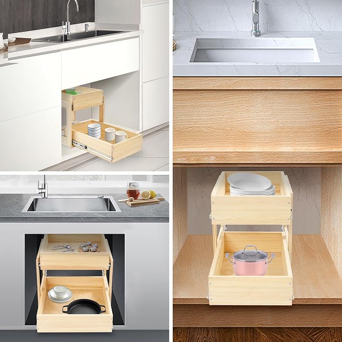 Pull out Cabinet Organizer, 2-pack, No Drill Adjustable Slide out Drawers for Kitchen,Pantry,Adhesive Roll out Shelves,for Cabinets Without Lip,White