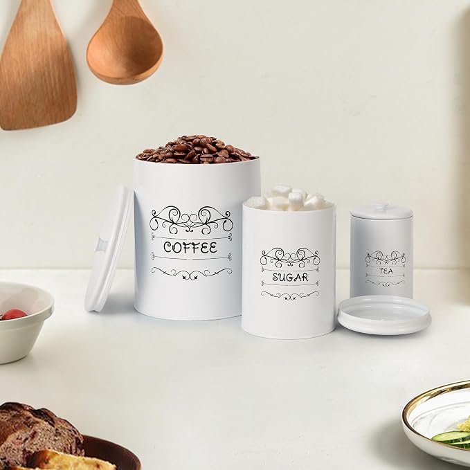 Kitchen Canisters Set of 3, Food Storage Containers for Countertop, Large Airtight Coffee Sugar Tea Containers with Lids, White Farmhouse Decor