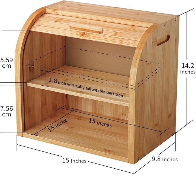 G.a HOMEFAVOR Bread Box, 2 Layer Bamboo Bread Boxes for Kitchen Food Storage, Large Capacity Bread Keeper Roll Top with Removable Layer, 15" x 9.8" x 14.2", 15 mm Thickness (Self-assembly)