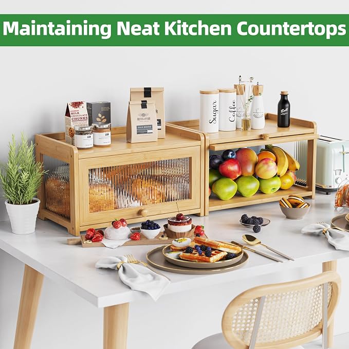 BAMBANG Bamboo Bread Box for Kitchen Countertop, Extra Large Farmhouse Bread Box with 4-Side Clear Panels, Wooden Bread Storage Container for Homemade Bread, Natural