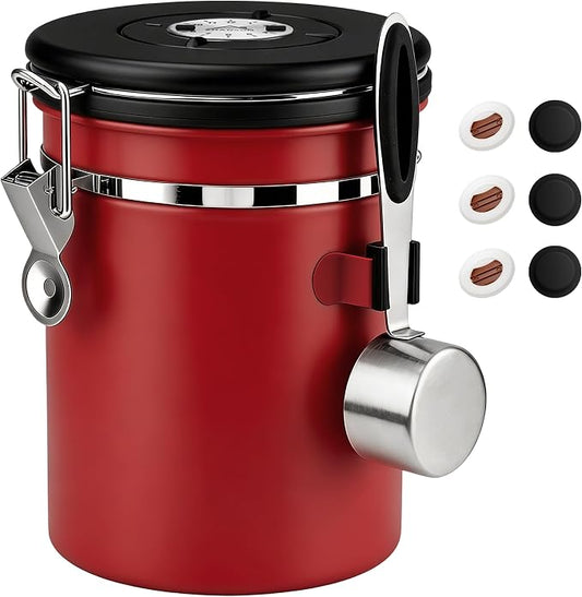 ShanSon Coffee Canister Airtight, Stainless Steel Bean Storage Container with Date Tracker & Scoop, Grounds Sugar Flour Tea Cereal Fits Kitchen Pantry, Ideal Gift for Coffee Lovers,22oz,Red