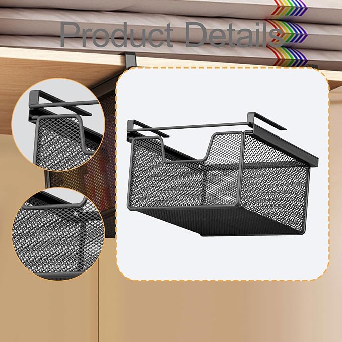 under Shelf Basket Black Decoration Space Saving Portable Hanging Pullout Drawer Basket Organizer for Cupboard Laundry Room, Length 46 cm