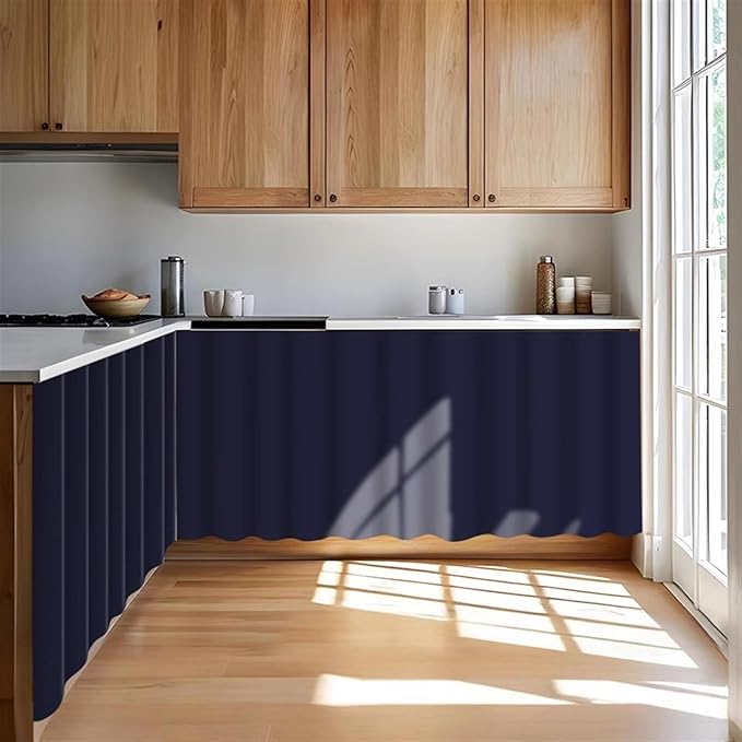 Under Sink Curtain for Closet, Privacy Short Cabinet Curtain Self Stick Adhesive Desk Skirt for Kitchen Classroom, Navy Blue, 55" W x 20" L