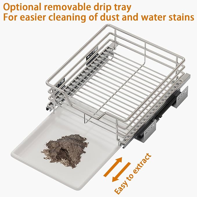 2 Pack Pull Out Cabinet Organizers with Removable Drip Tray, Slide Out Wire Storage Drawers, Heavy Duty Stainless Steel Gliding Cupboard Shelves for Kitchen, Under Sink, Bathroom