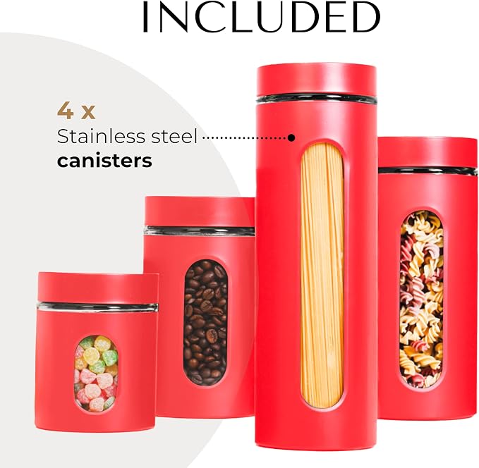 JS Gourmet 4 Pcs Stainless Steel Canisters Set for Kitchen with Glass Window and Airtight Lid, Perfect for Storing Coffee, Spaghetti, Sugar, Beans and Dry Ingredients (Red)