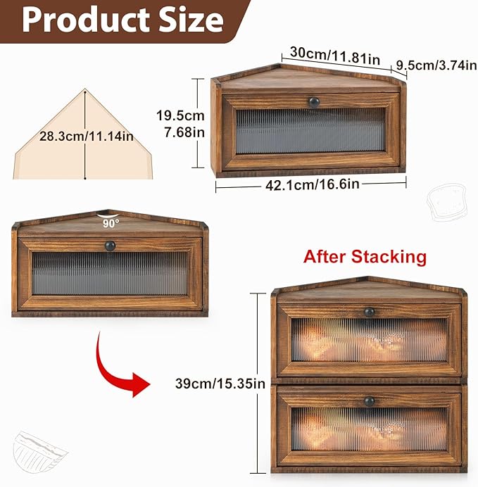Sunhoo Bread Box for Kitchen Countertop Wooden Corner Breadbox Counter Food Storage Bin Container Farmhouse Rustic Homemade Bread Fresh Keeper Organizer Holder Vintage Stackable with Window (Brown)