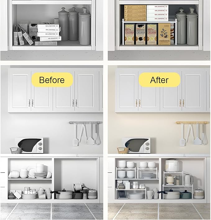 2 Pack Stackable Cabinet Shelf Organizer - Heavy-Duty Coated Metal Storage Rack, Non-Slip Space-Saving for Kitchen Pantry, Under Sink, Cupboard, Countertop (White)