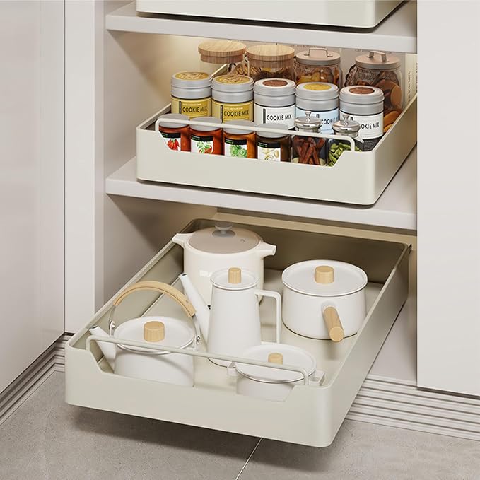 Kitchen Cabinet Organizer Pull Out Drawer Extendable Sliding Cupboard Shelf 20cm W x 43cm D x 7cm H White No Drill Installation
