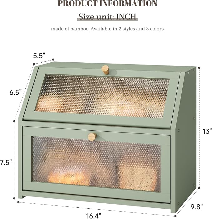 STDDRE Bread Box for Kitchen Countertop Bin Double Layer Bread Box Storage Container Extra Large Capacity Farmhouse with Diamond Pattern Windows (Green, Large)
