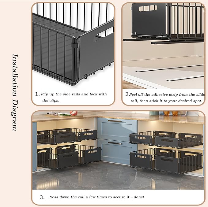 Pull Out Cabinet Organizers Large Capacity with Nano Adhesive Tallened Guardrail Anti Fall Design for Bathroom & Kitchen Cabinets Pantries (Black, S-1Pcs +L-1Pcs)