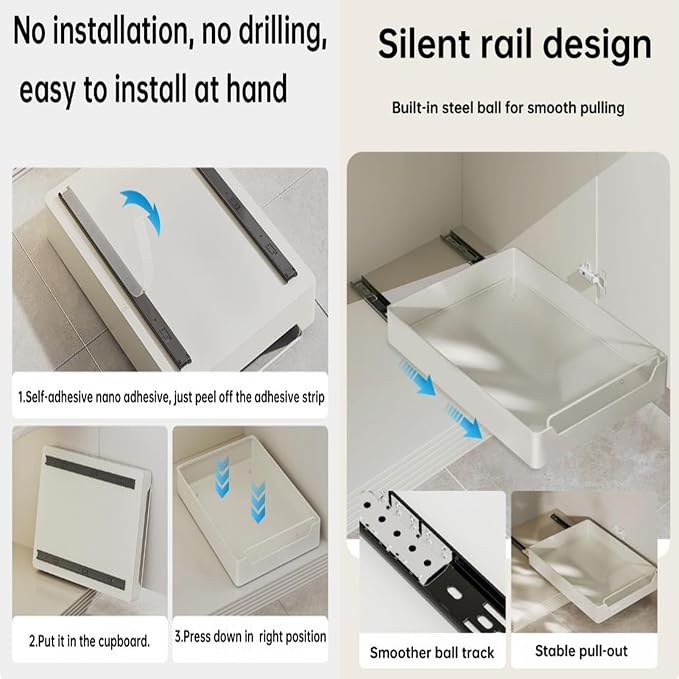 Pull Out Drawers for Cabinets Pull-Out Cabinet Organizer Slide Out Cabinet Pull Out Drawer Shelves for Cabinets for Gluing Expandable Drawer Kitchen without Drilling, 43*25*7cm