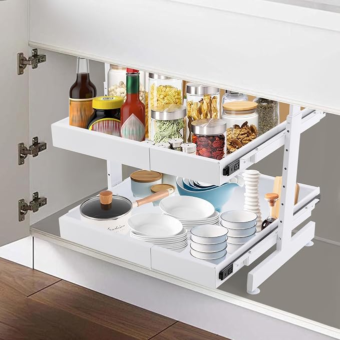 2-Tier Pull Out Cabinet Organizer, Slide Out Drawers with 2 Guide Rails, No Drill Pull Out Drawers Cabinets Shelves for Home Kitchen Pantry (White)
