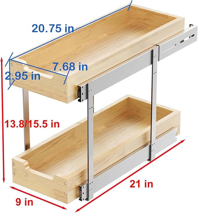 Sikarou Wood Pull Out Cabinet Organizer 2 Tie 9" W x 21" D, Heavy-Duty Sliding Drawers for Inside Cabinets Storage and Organization for Kitchen, Pantry, Bathroom